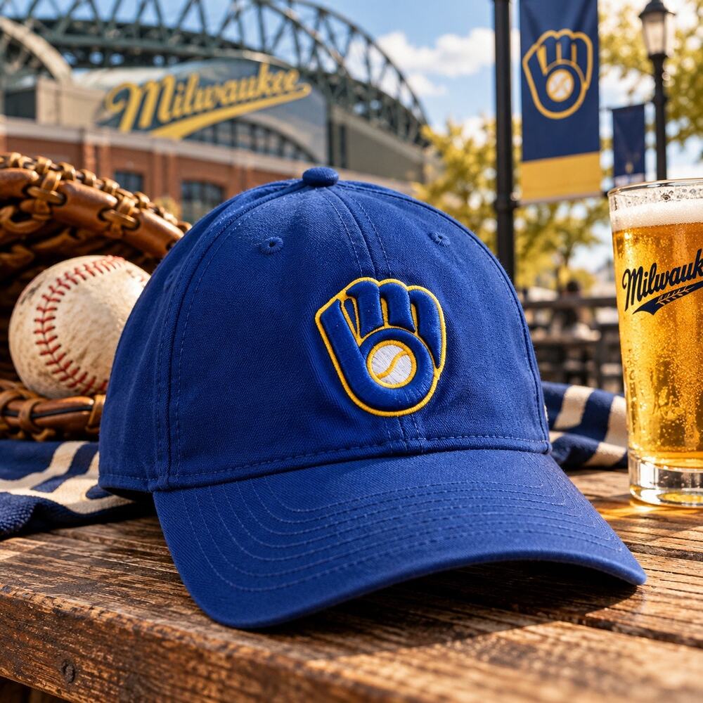 New Era Milwaukee Brewers Blue Ball-in-Glove Logo Adjustable Baseball Hat OSFA